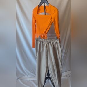 Dance Costume - Bright Orange Long Sleeve Leotard with Beige Elastic Waist Pants